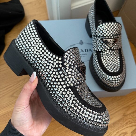 Prada Loafers Black Satin Crystal Embellished Metal Triangle Logo Sz 37 - Picture 5 of 14